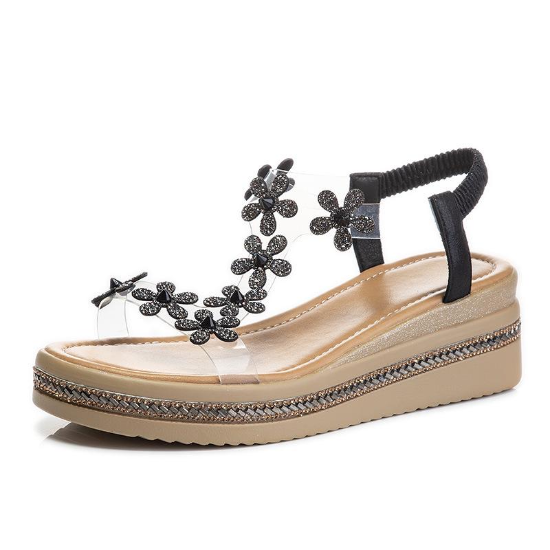 Rhinestone flat-soled sandals for women's outer wear 2025 new women's shoes summer versatile height-increasing thick-soled women's beach sandals