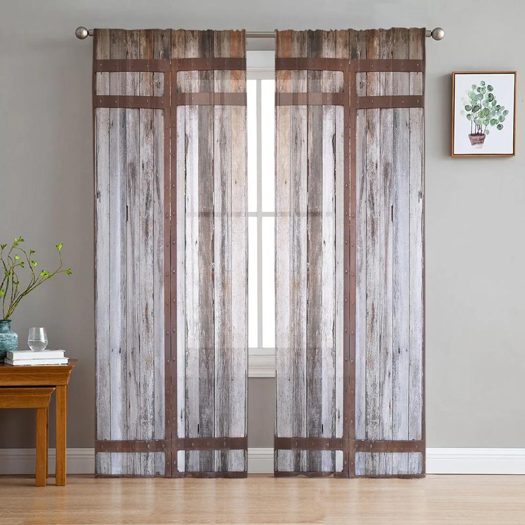 Farm Barn Wooden Door Tulle Drapes Ideal for Living Room Print Sheer Voile Curtain Bedroom Window Screening Drapes Blinds Home Decor