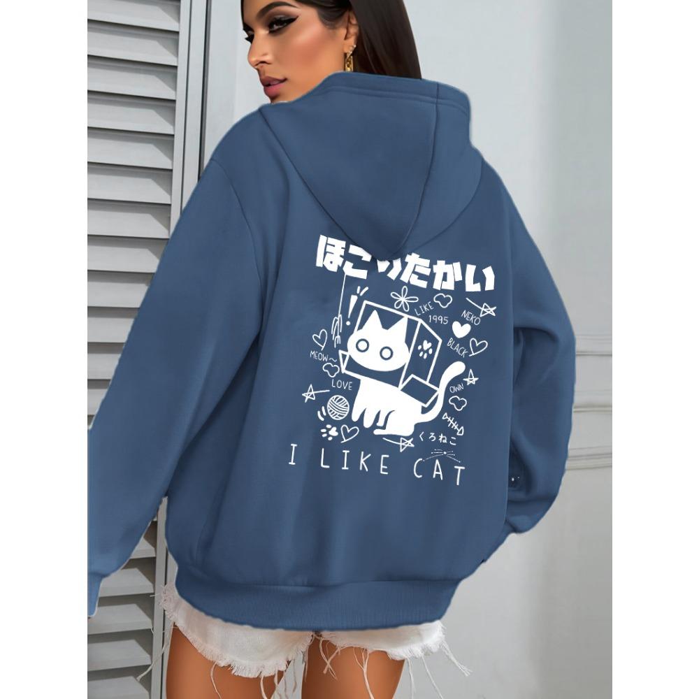 I Like Cat Heart Box Cat Print Women Hoody Autumn Fleece Hoodies Jogging Loose Streetwear Casual All-Match Female Hoodie
