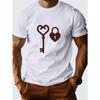 European Size Men's White T-Shirt with Heart Key Lock Design- Casual Crew Neck, Short Sleeve, Perfect for Valentine's Day Gift or Casual Attire