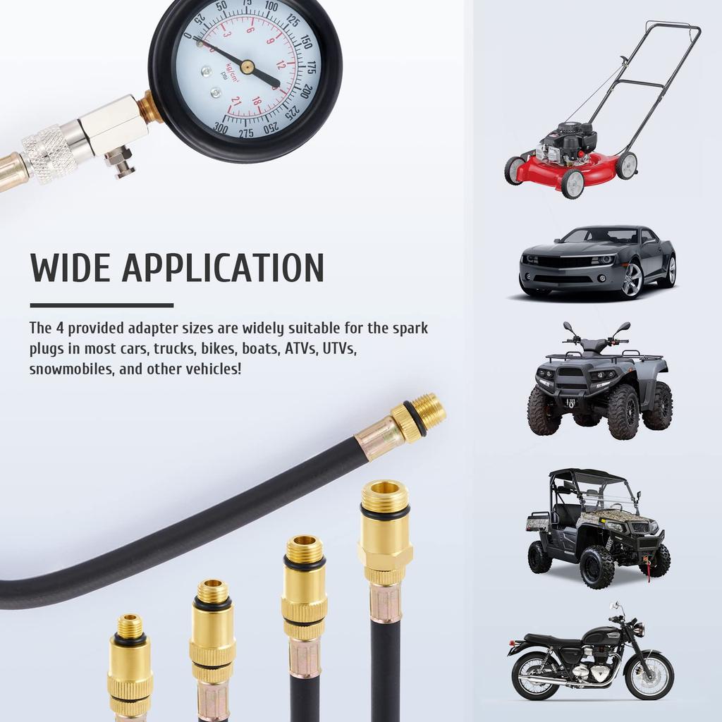 Engine Compression Meter with M10 M12 M14 M18 Adapter 0-300 PSI Pressure Gauge Automotive Cylinder Tester Kit