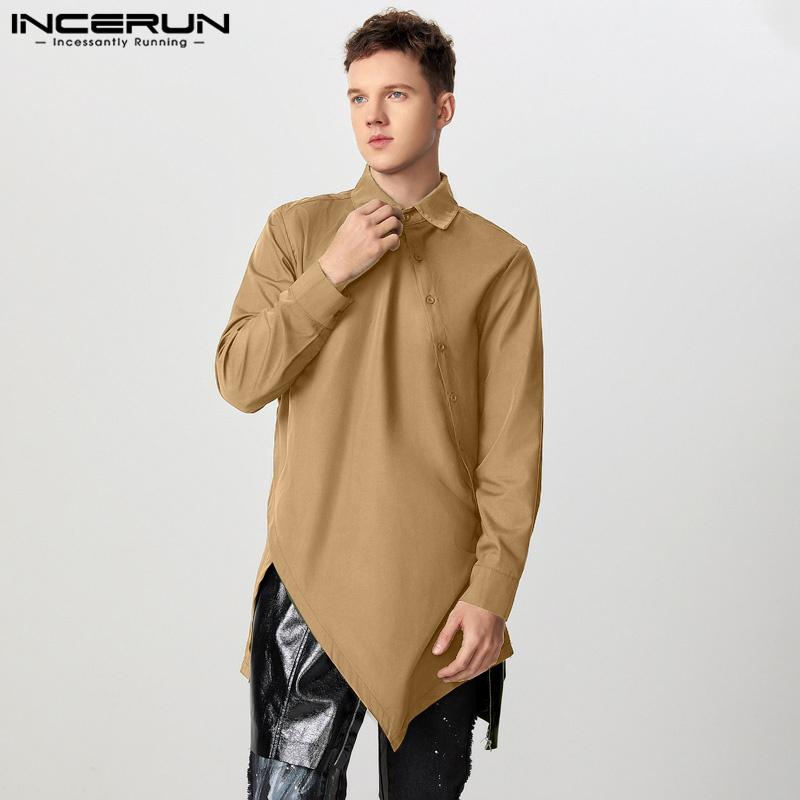 INCERUN Pánská jarní klopa, výstřih, dlouhý rukáv, nepravidelné košile, ležérní, dlouhé topy