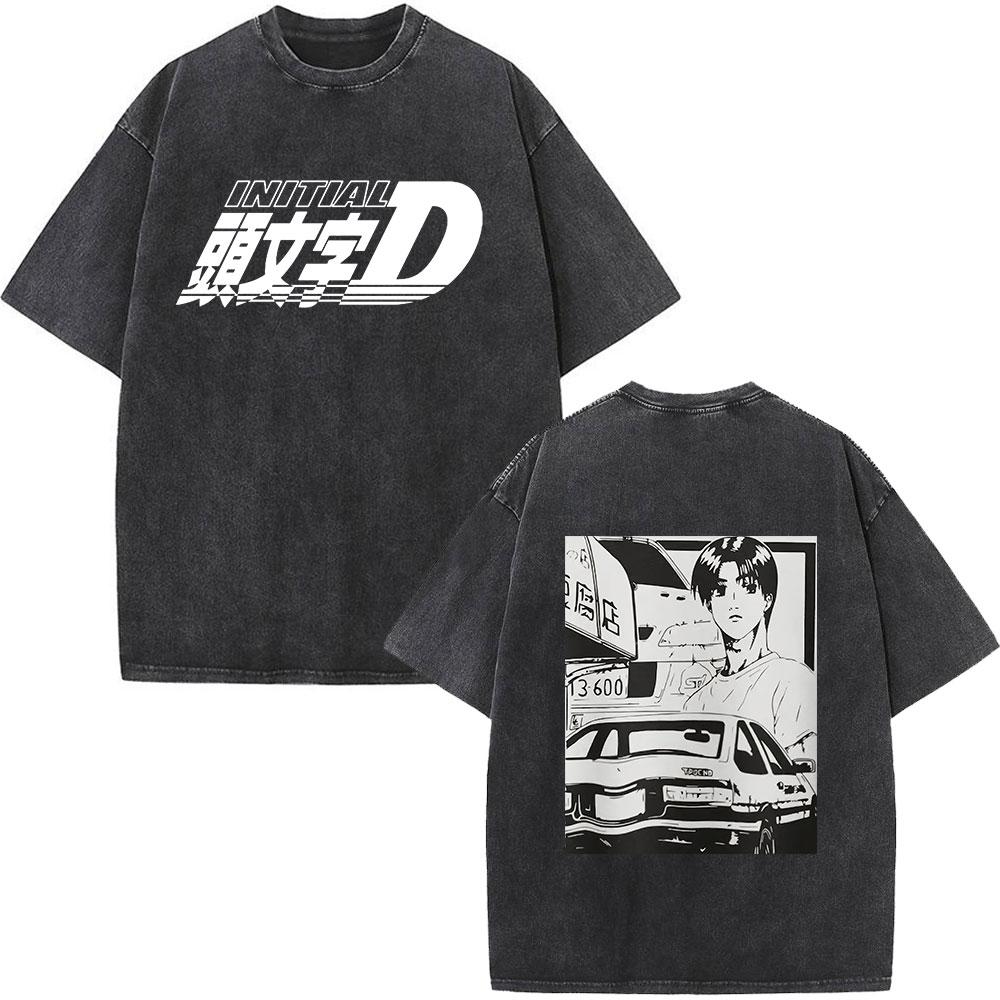Anime Initial D Drift AE86 Washed Vintage Print T-shirt RX-7 R34 Skyline GTR JDM T-shirts Men's Harajuku Cozy Oversized T Shirts