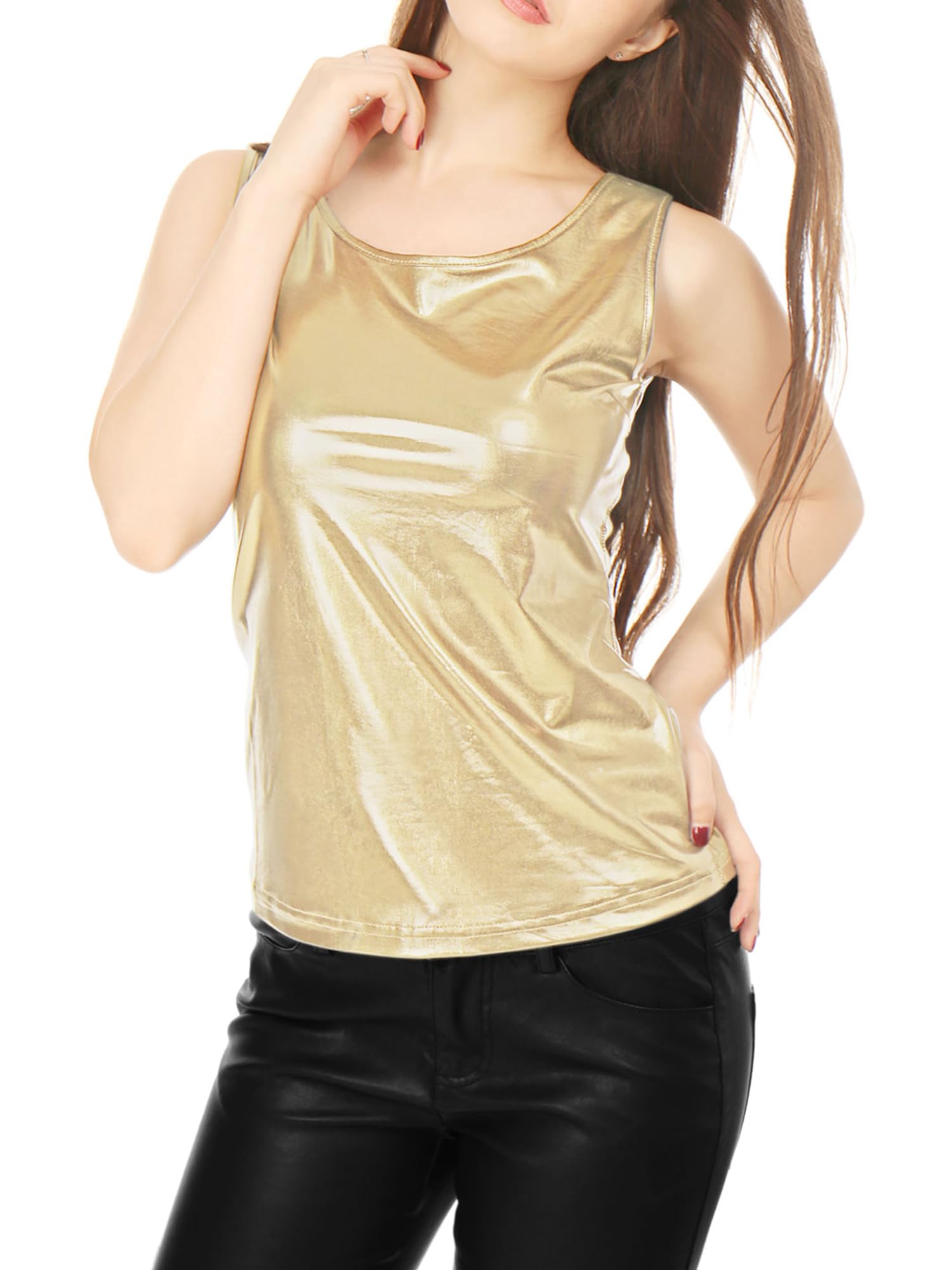 

Allegra K Metallic Shiny Sleeveless Tank Size Perfect for Christmas Dance Costumes Women s Top, Gold, M, золотой