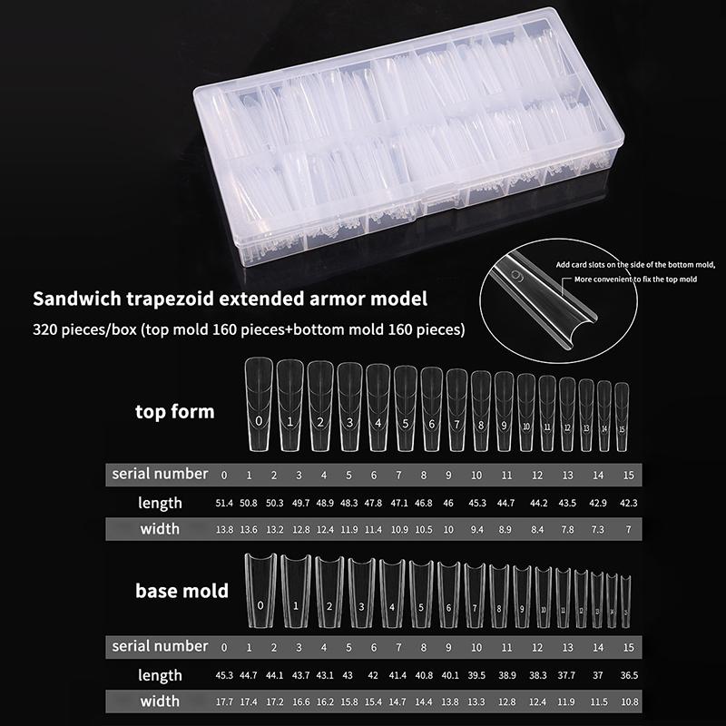 

320Pcs Sandwich Dual Nail Forms Extensions-Dual Forms Coffin Nail Molds Top Mold Bottom Mold Prolong Manicure Art Tools one size
