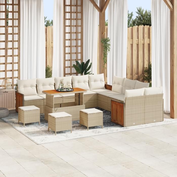 Ensemble 14 pièces de sofa de jardin avec coussins beige en poly rattan acacia, Sofa de jardin 2 places avec coussins beige 3363371