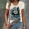 Women's T-shirt Casual Loose  Clothing Cat Pattern Top Summer New Fashion V-neck