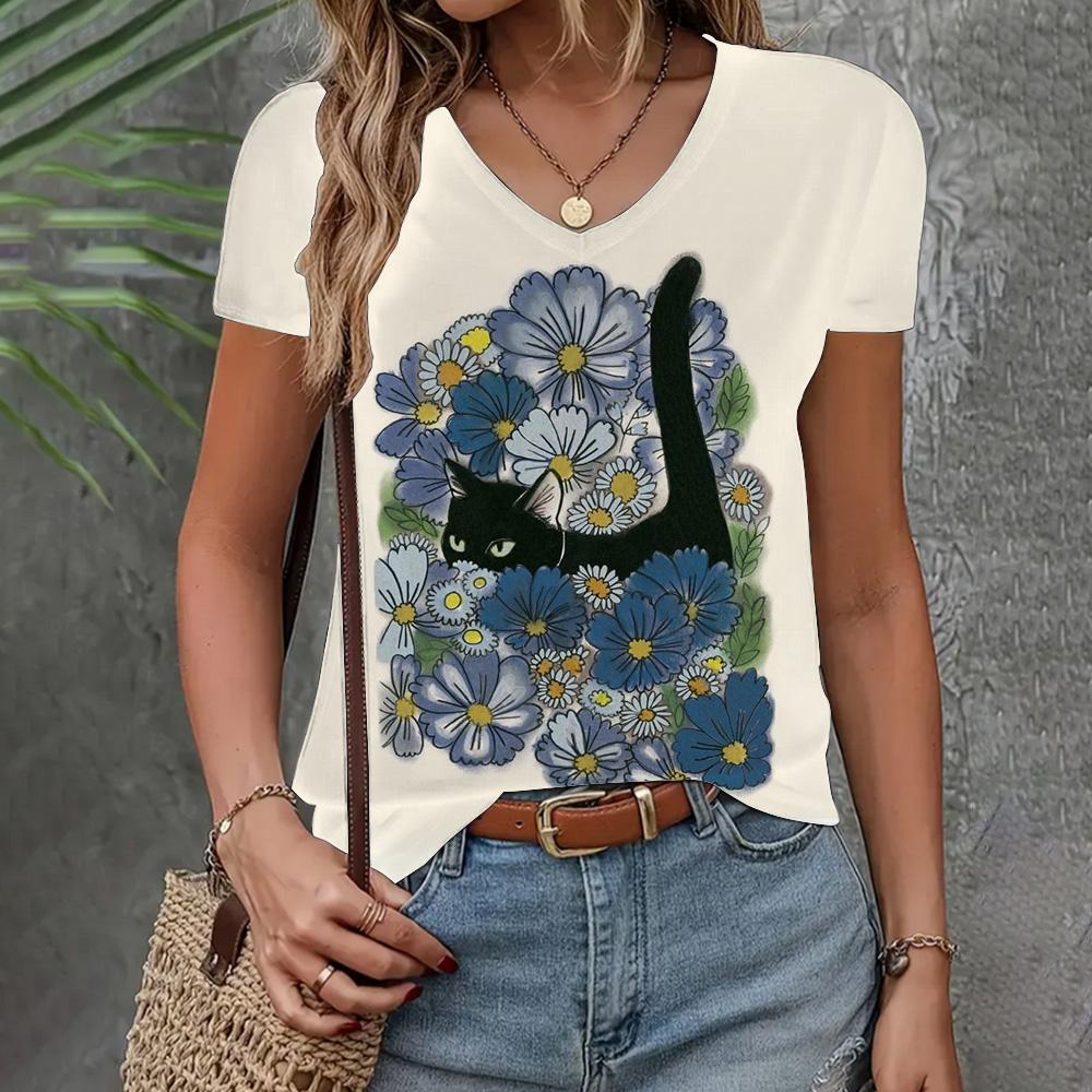 Women's T-shirt Casual Loose  Clothing Cat Pattern Top Summer New Fashion V-neck