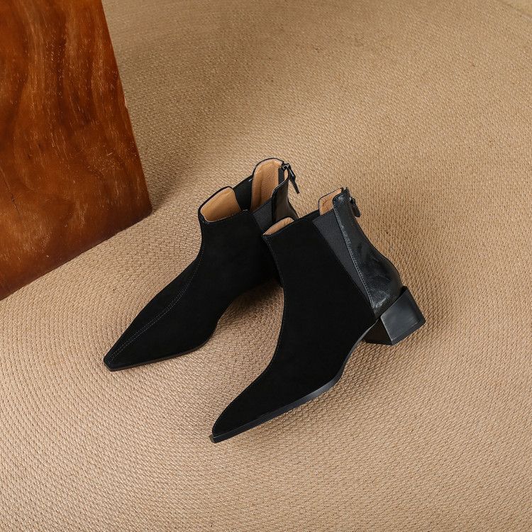 Brown Chelsea Boots Women's Pointed Boots Thick Heel Mid Heel Autumn and Winter Zipper Short Boots Fashion Retro Short Boots Versatile