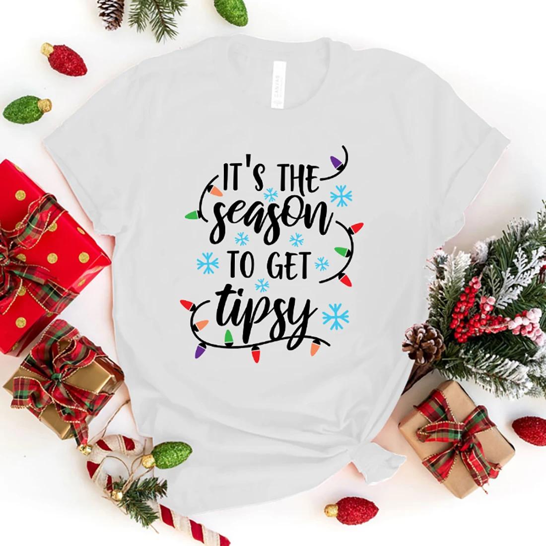 

Новое Рождество Настало время напиться с коротким рукавом Повседневная футболка с принтом в стиле Харадзюку с коротким рукавом Женская футболка XXXL золотой