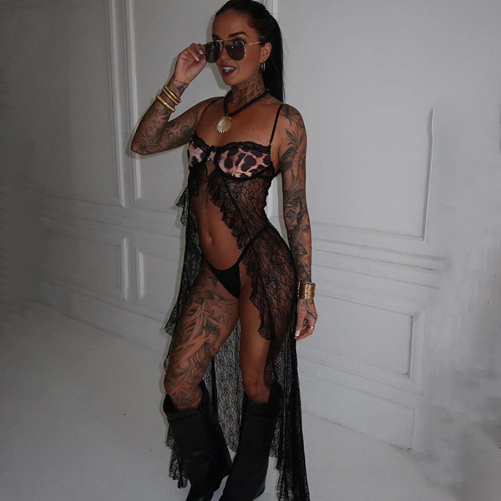 Women Sling Vest Spaghetti Strap Design Strappy Backless Leopard Print Bra Tops See-through Lace Hem Camisole