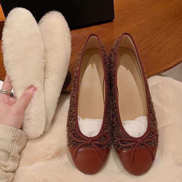 Sheepskin Version~ Xiaoxiangfeng Velvet Leather Soft-soled Mary Jane Single Shoes Women's Bow Flats Ballet Shoes Ladyshoes