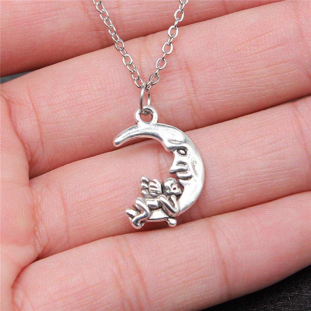 Peach Heart Angel Wings Sweet Pendant Antique Silver Metal Boys Collar Necklace High Quality Gift