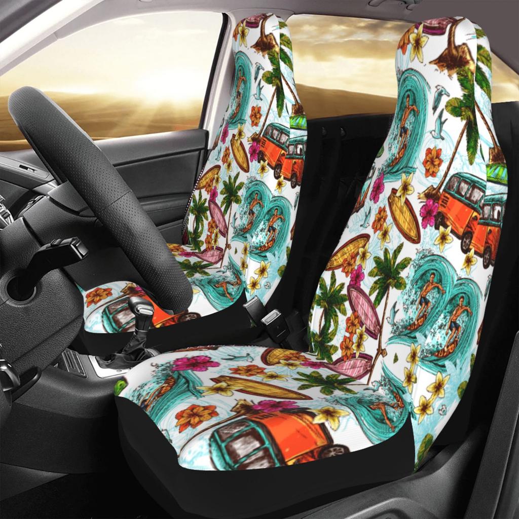 Casual Hawaiian Vacation Print Car Seat Covers Set 2 Pcs Elastic Auto Interior Car Accessories Protectors Non-Slip Auto Cove