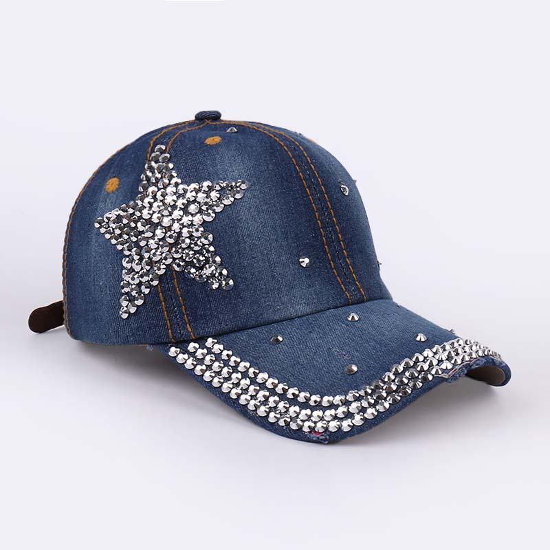 Damen Strass Denim Baseballkappe - Paris Schriftzug Sonnenhut