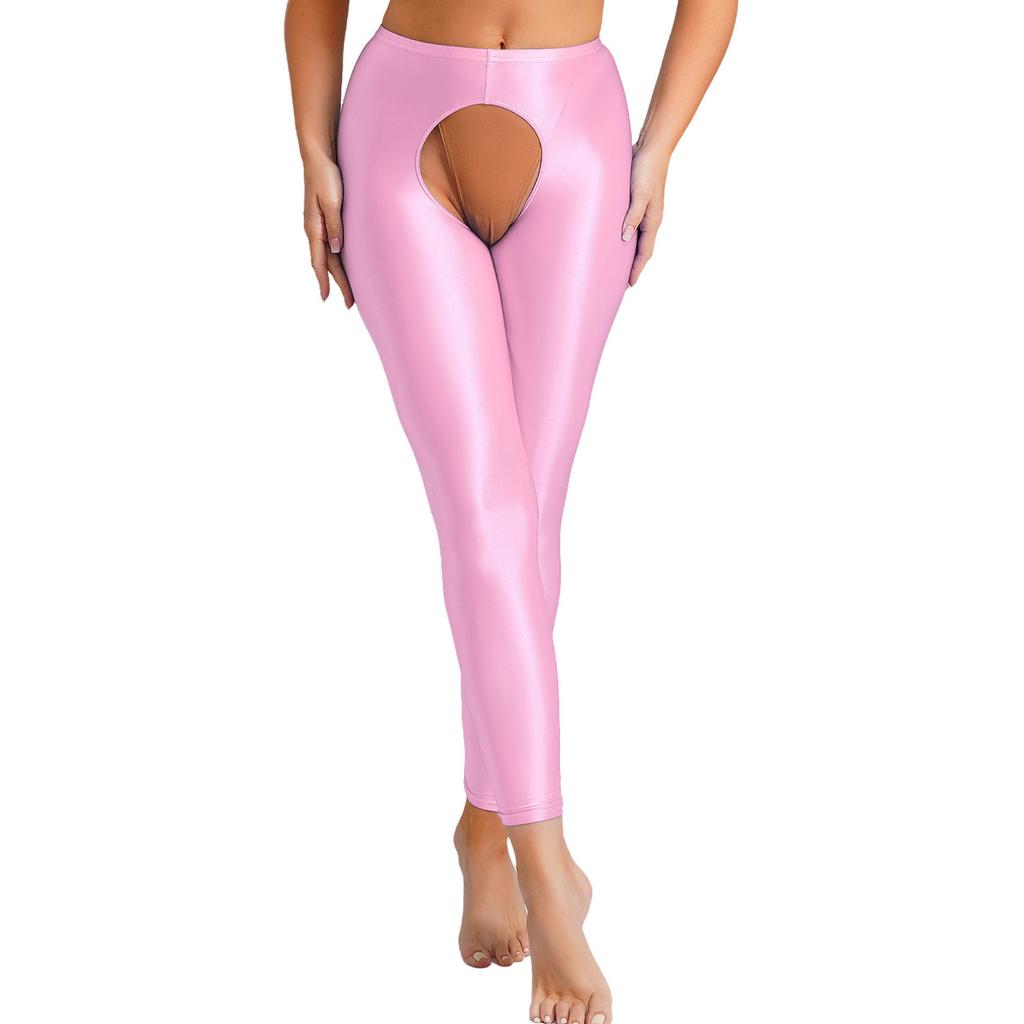 Womens Glossy Open Crotch High Waist Slim Fit Leggings Pants Tights