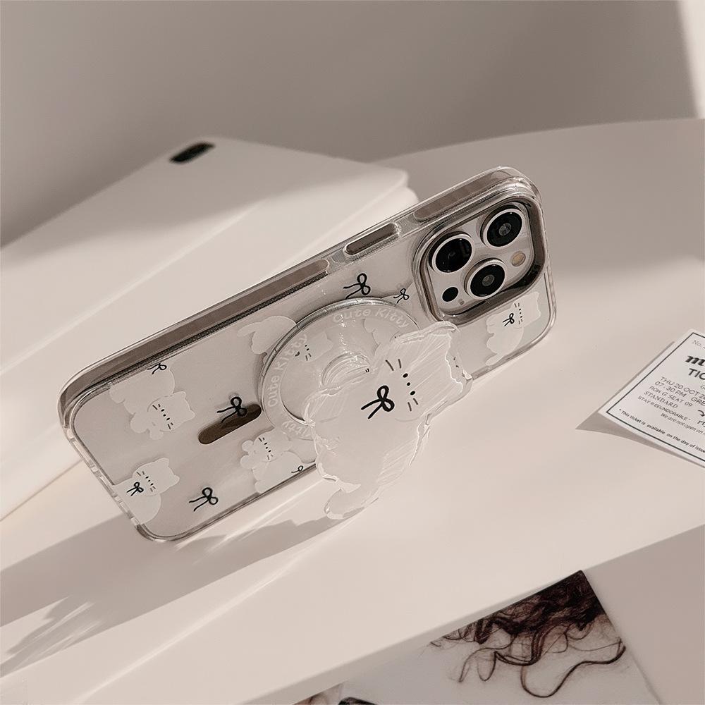 Magnetic Bracket 15Promax Transparent IPhone Case 16 Suitable for 13 Cute Bow Cat 12 Anti Fall