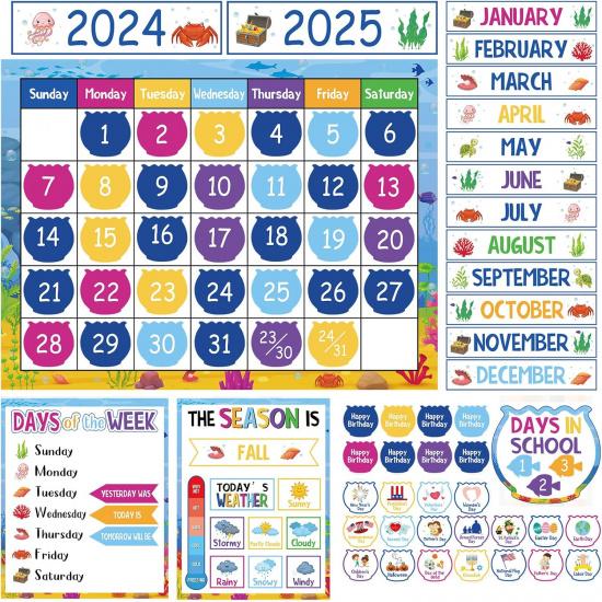Pastel Calendar Bulletin Board Set Colorful Boho Rainbow Bulletin Board Cutouts with Calendar Seasons Weather Days of The Week Chart for Classroom sea animals