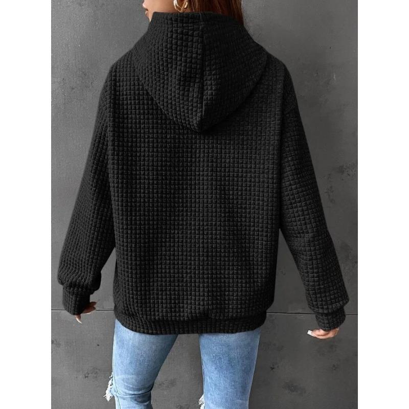 Color Block Waffle Drawstring Hoodie, Casual Long Sleeve Pocket Sweatshirt, Women's Clothing