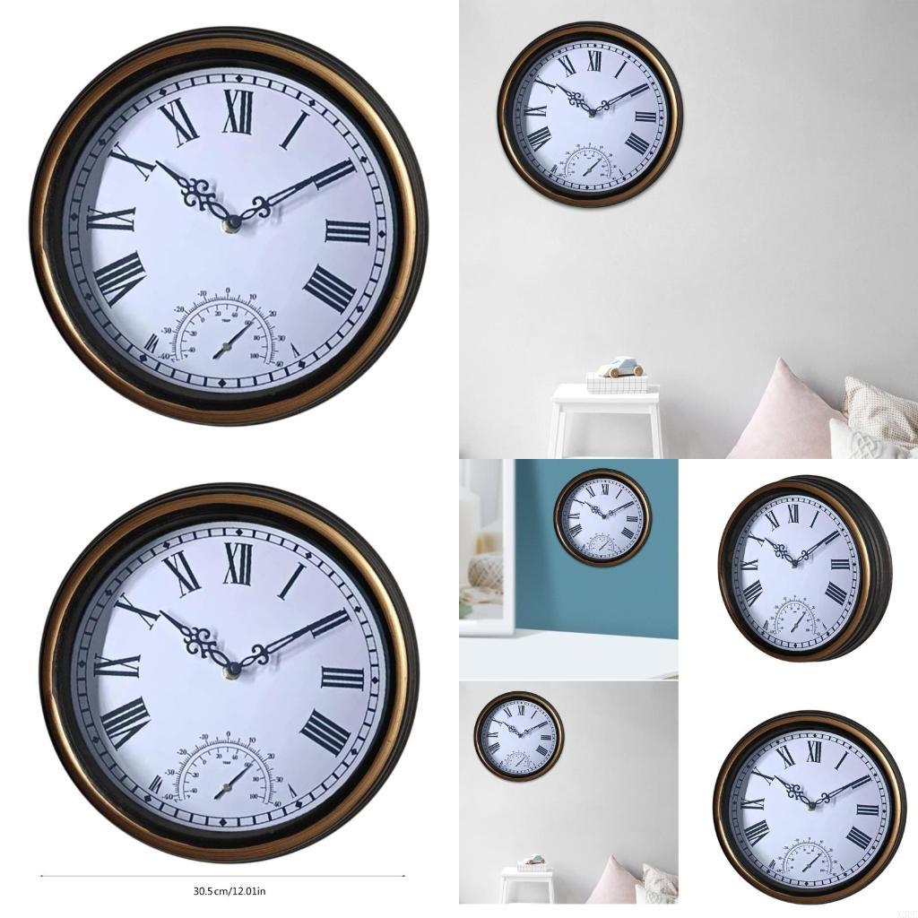 12in Indoor/Outdoor Waterproof Wall Clock with Thermometer for Garden Yard Home X3UC China Mainland