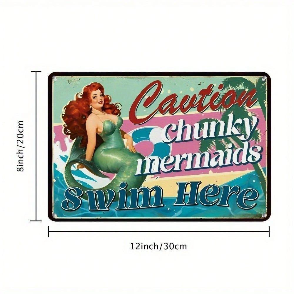 Funny Pool Warning Tin Sign Vintage Mermaid Bathroom Bar Decor