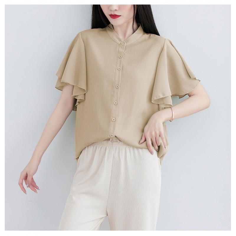 

Женская летняя новая свободная тонкая рубашка с короткими рукавами и оборками в стиле темперамент XL света кофе