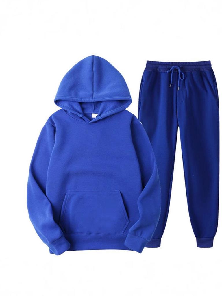 European Size Men's Fleece-Lined Hooded Sweatshirt & Pants Set - Casual Solid Color Two-Piece