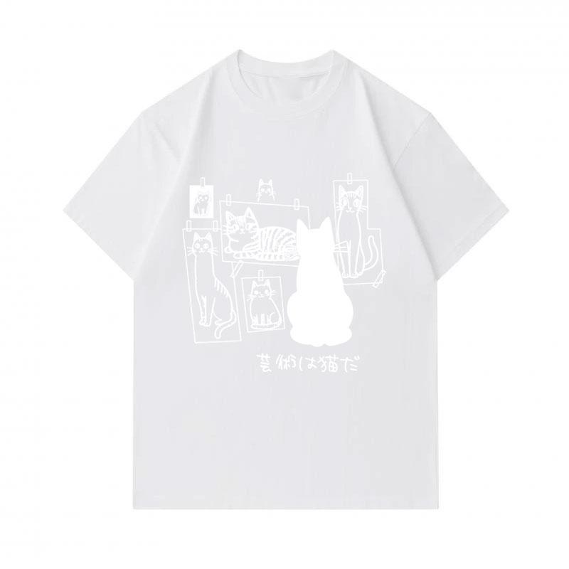 Men's 100% Cotton Crew Neck Short Sleeve T-Shirt, Cute Cat Art Pattern Casual Summer Tee, Comfortable Lightweight Daily Basic Tops for Cat Lovers