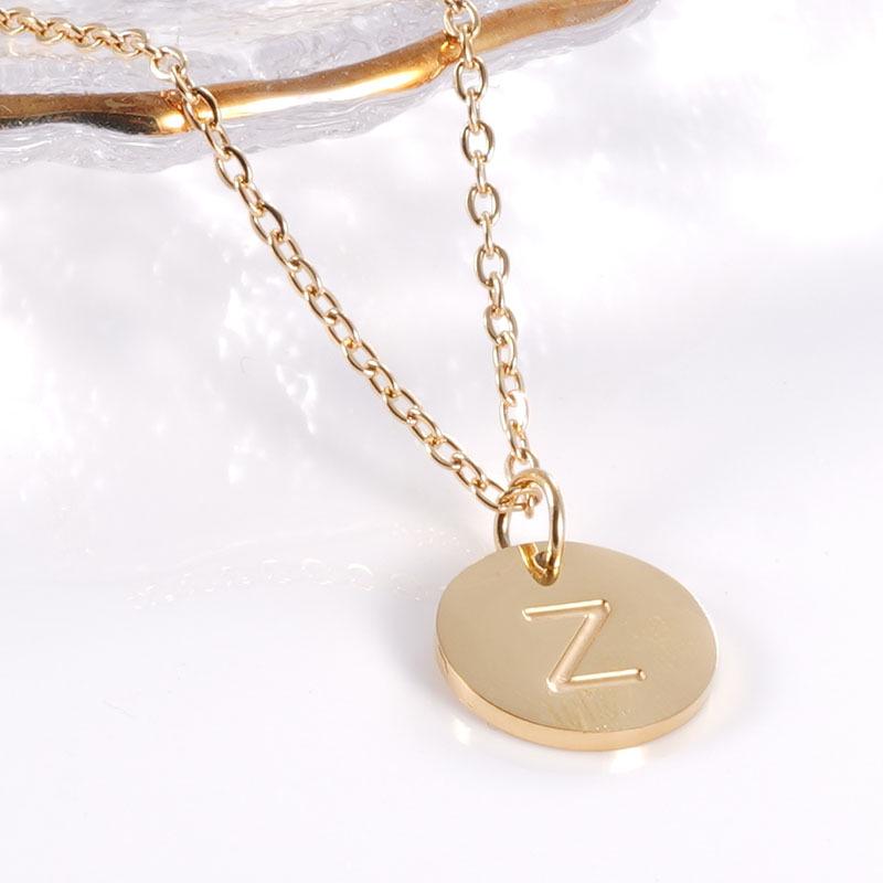 18K Gold Stainless Steel Minimalist Letter Necklace with 26 Round Pendant Options
