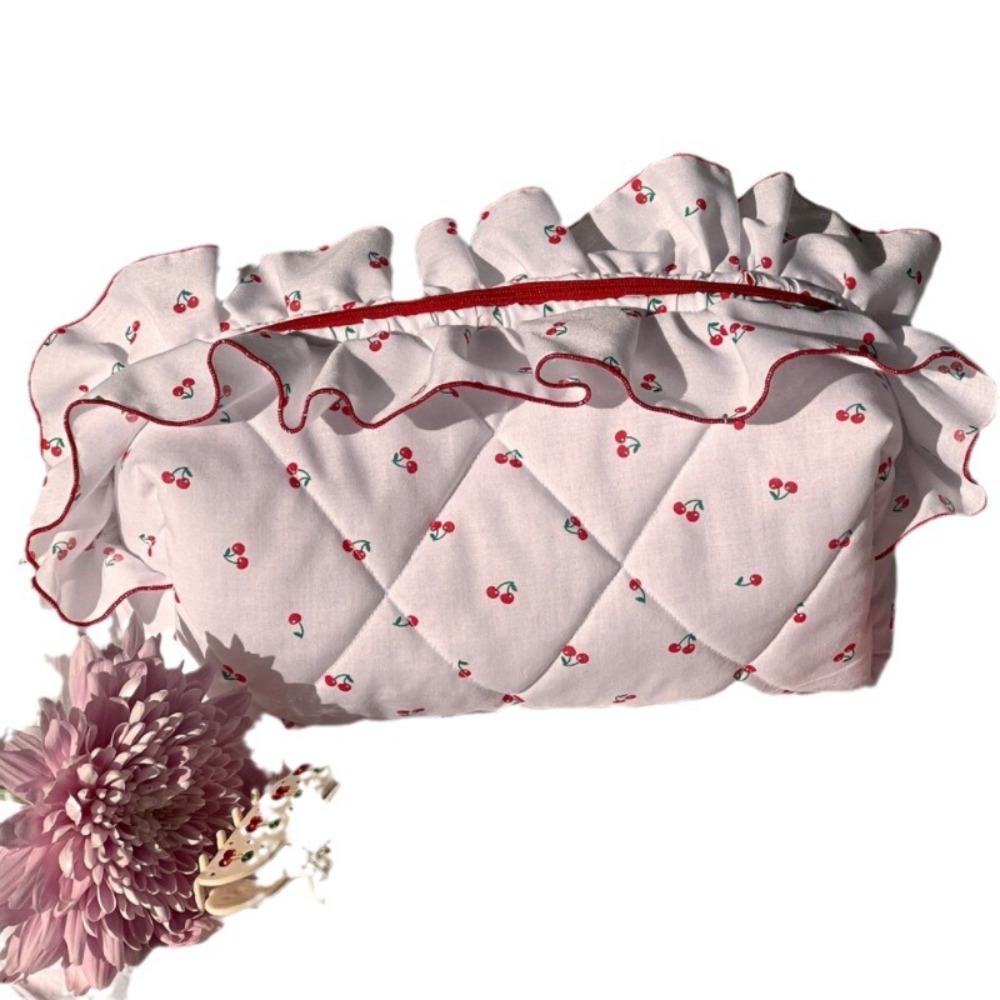 Large Capacity Ruffle Makeup Bag Cherry Printed Wash Storage Bag Sweet Toiletry Organizer Skincare