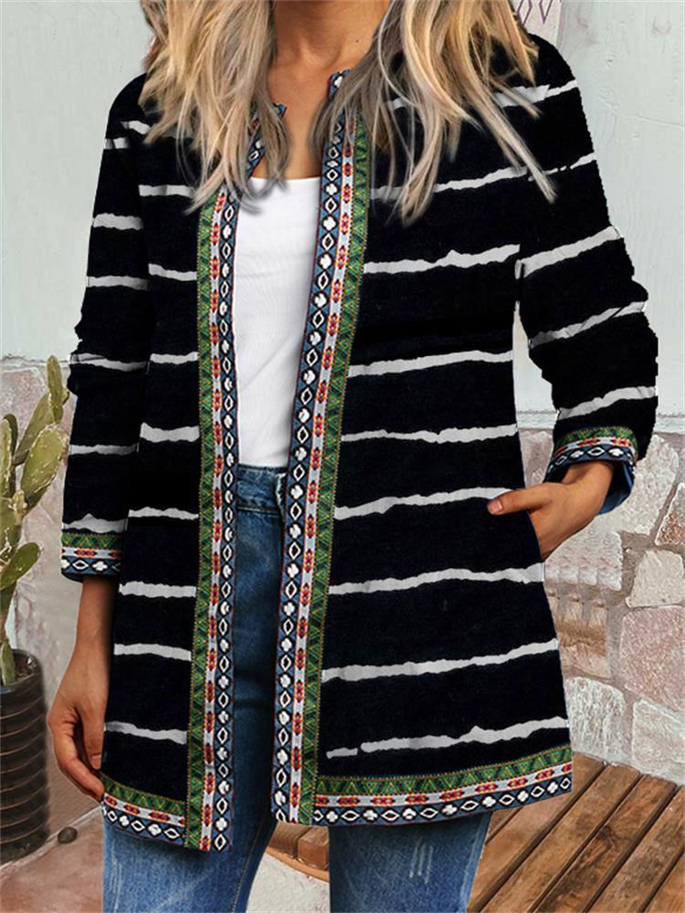Women's Crew Neck Long Sleeve Cardigan Oversized Vintage Ethnic Print Plus Size Open Front Jacket Casual Outerwear