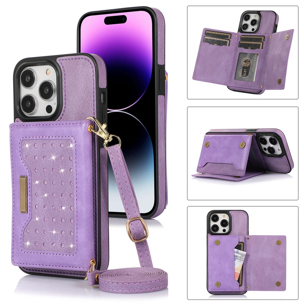 For iPhone 16 Pro Case Wallet RFID Blocking TPU Leather Phone Cover with Lanyard