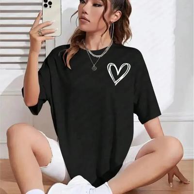Frühlings-T-Shirts aus Baumwolle für Damen, einfache Herz-Prints, grafische T-Shirts, bequem, Persönlichkeit, Straßenoberteile, modische Damenkleidung