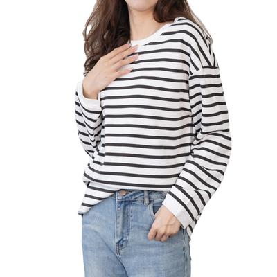 Gestreifte Langarm-Oberteile Gestreift Lang Gestreiftes Cut-and-Sew T-Shirt Rundhals Locker Zum Layering Schön Stilvoll Weiß x [iito.seasons] T-Shirt