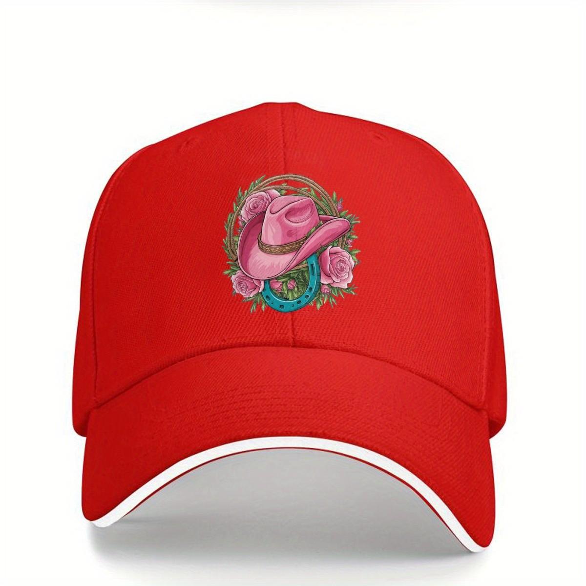 Pink Cowboy Hat And Roses Baseball Cap Navy Blue Casual Cotton Adjustable Hat Unisex One Size