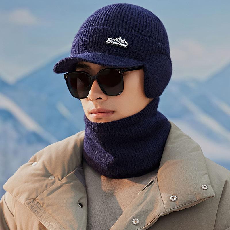 

Шерстяная шапка и шарф, набор из двух предметов, плюс бархат и утолщение для защиты от холода и сохранения тепла, вязаная шапка с козырьком для велоспорта зимой one size