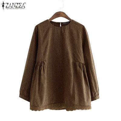 Women Casual Round Neck Long Sleeve Check Lace Hem Blouse