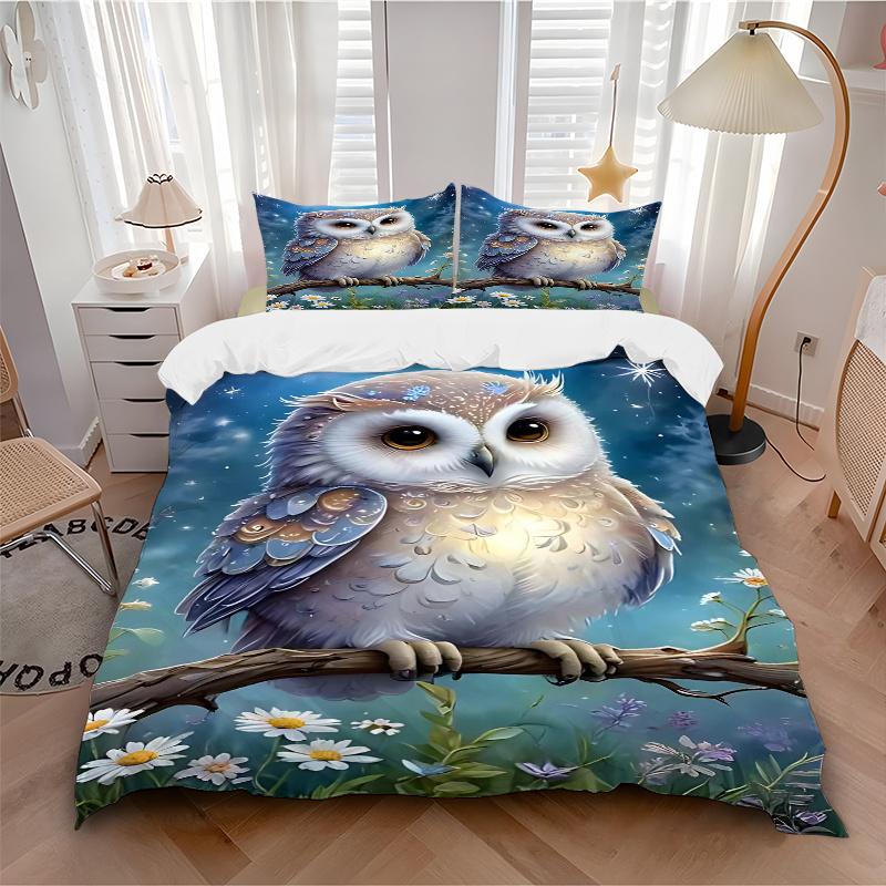 3pcs Anime Owl Comforter Set with Two Pillowcases (No Core), Home Decor, Festival Gift, Polyester Fabric