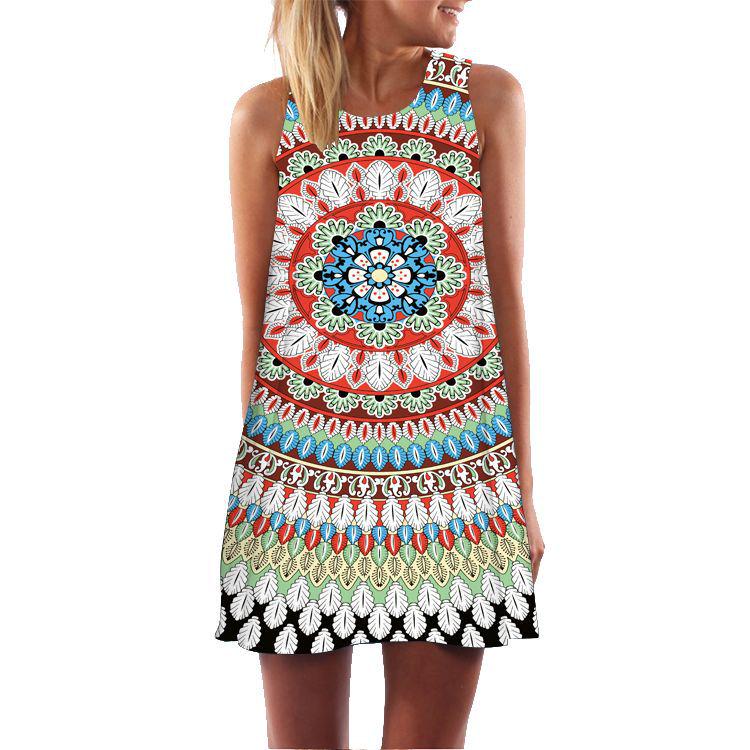 European and American New Retro Digital Printing Crew Neck Hot-selling Off-the-shoulder Medium and Long Vest Dress