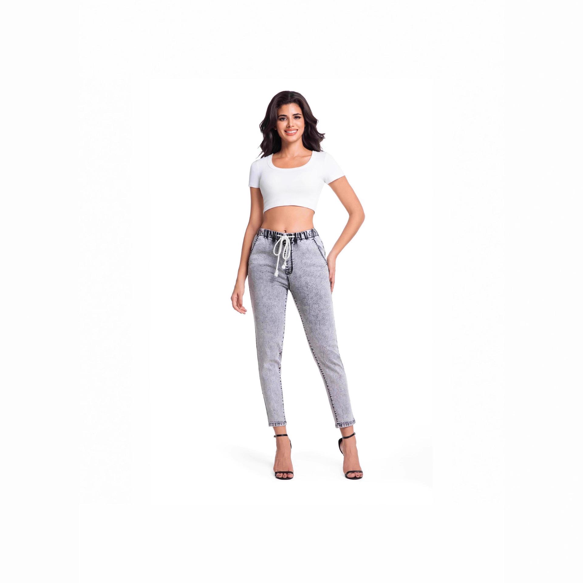 

2024 Women s Elastic Waist Slim Fit Stretch Jeans - Plus Size, European & American Nine-Point Small Leg Work Pants X-Large серый
