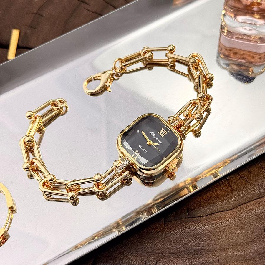 Women Quartz Watch Bracelet Hollow U-Shaped Lobster Clasp Square Wristwatch