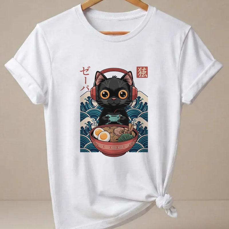 RaUnisex Cat TShirt Unisex Funny Short Sleeve Graphic T Shirts Japanese Cat Printed Kitty Tops Summer Round Neck Cat Lover Tees