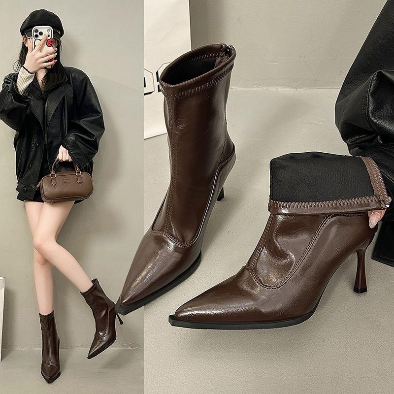 Retro temperament high heels thin heel boots versatile thin boots pointed short boots autumn and winter new