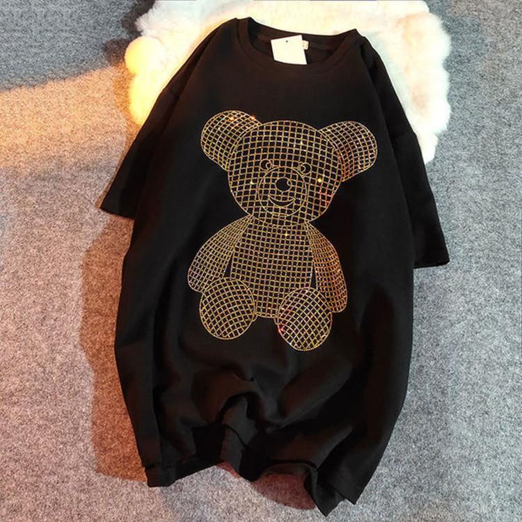 Short-sleeved T-shirt for Women's Summer Korean Loose Large Size Mid-length Shiny Bear Top