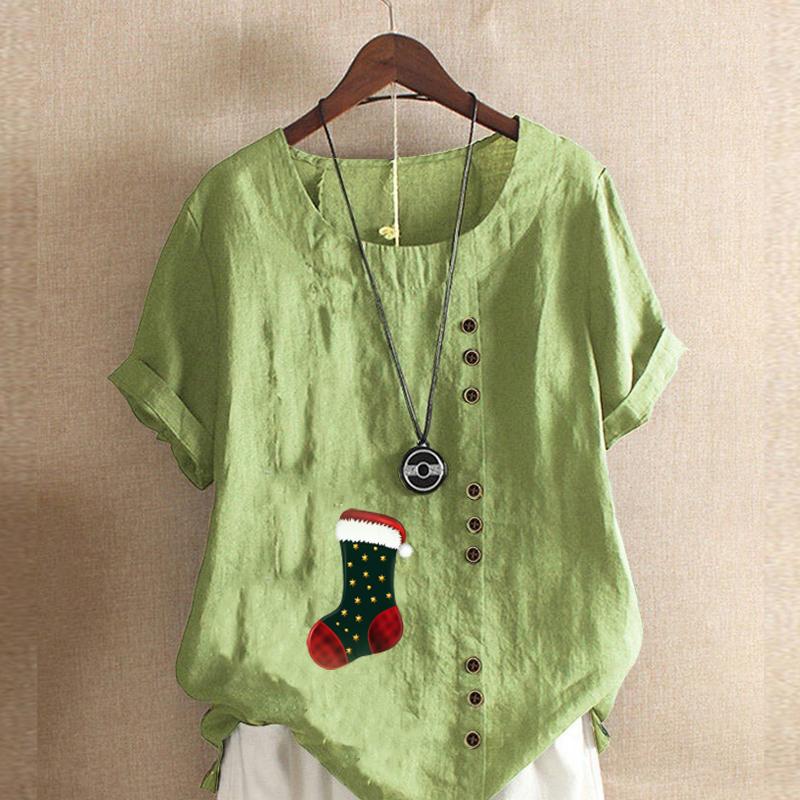 

Женская модная футболка с круглым вырезом и коротким рукавом, повседневная рубашка из хлопка и льна с рисунком, свободная летняя блузка с принтом на Рождество, топы 5XL зелёный