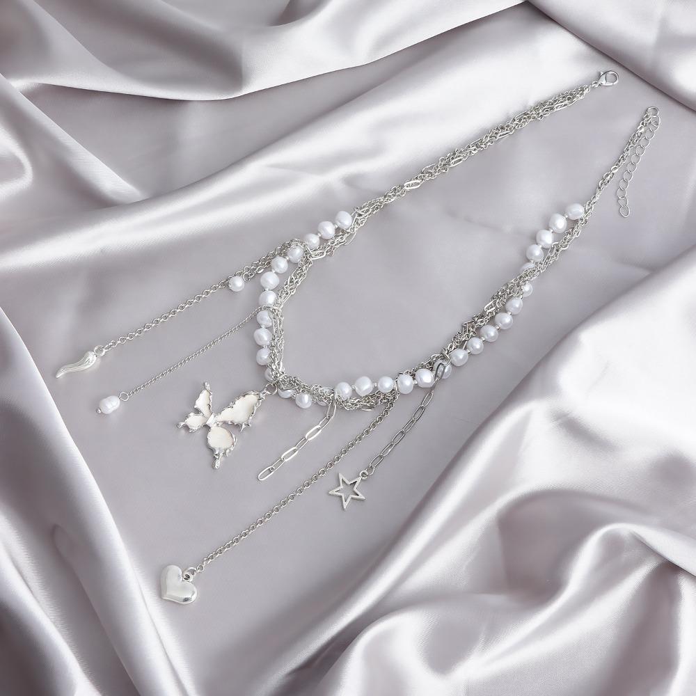 Cool Cross Star Diamond Necklace Imitation Pearls Irregular Imitation Pearl Choker  Women