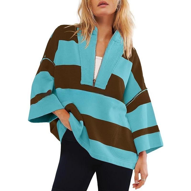 Women's Oversized Striped Shirt Half Zip Sweatshirt Patchwork V Neck Top Casual Loose Pullover