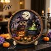 Vintage Owl Black Cat Ornaments Halloween Round Puzzle Sign Witch Skull Wooden Decor with Stable Base Decorative Stand Spooky Tabletop Ornament for
