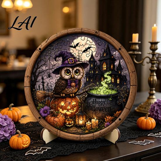 Vintage Owl Black Cat Ornaments Halloween Round Puzzle Sign Witch Skull Wooden Decor with Stable Base Decorative Stand Spooky Tabletop Ornament for