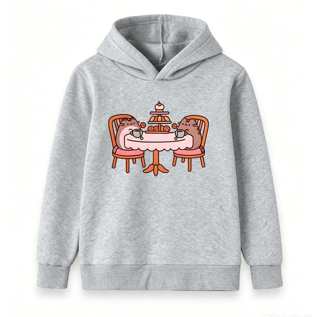Kids Boys Girls Hooded Sweatshirt, Cute Cartoon Cat Afternoon Tea Print Casual Pullover Hoodie, Soft Warm Long Sleeve Top for Daily Wear and School Gi
